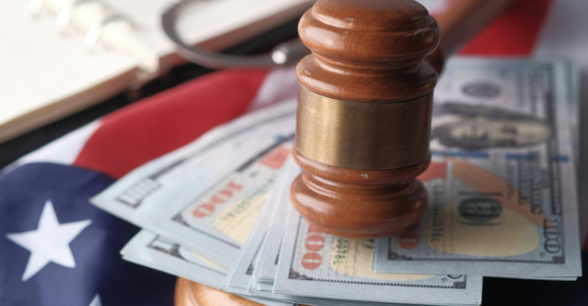 Close-up of a judge's gavel resting on US dollar bills and an American flag, symbolizing justice and finance.