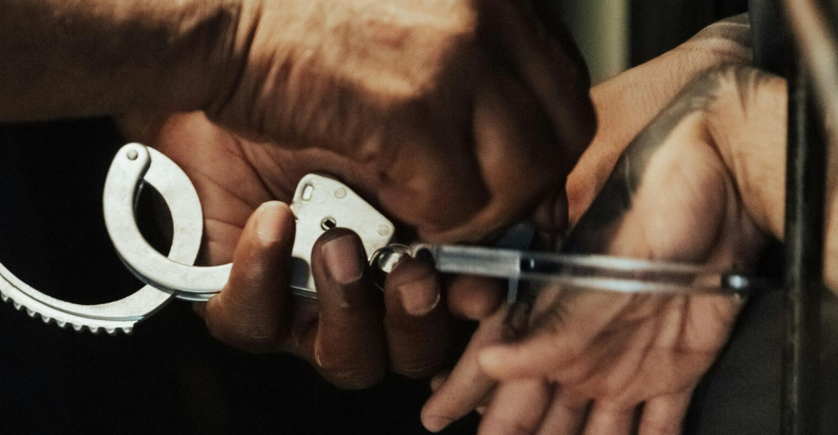 Close-up view of a person being handcuffed in a jail setting, focusing on hands and handcuffs.