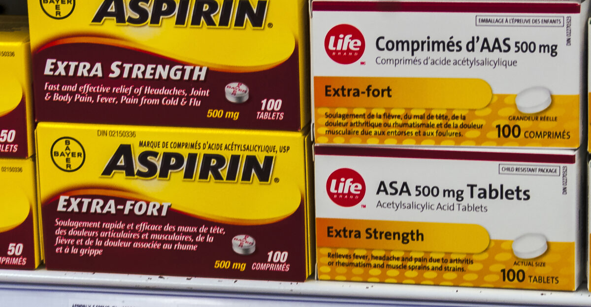 Aspirin for sale along with store-brand equivalents both labeled in English and French at a Pharmaprix in downtown Montreal Unlike the U S the brand name remains a trademark in Canada so the store-brand version must call itself acetylsalicylic acid