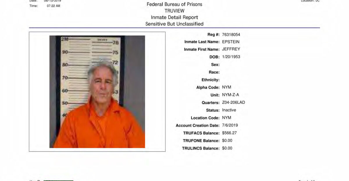 Federal Bureau of Prisons Inmate Detail Report Jeffrey Epstein