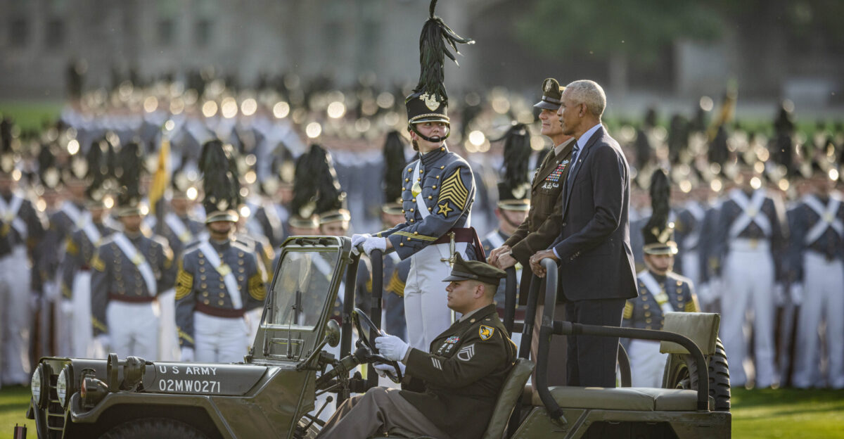 Class of 2025 Cadet First Captain Anna Robinson rides alongside Superintendent Lt Gen Steven Gilland and Former President Barack Obama during the Ceremony Pass review September 19 2024 at the United States Military Academy U S Army Photo by Jorge Garcia USMA-PAO