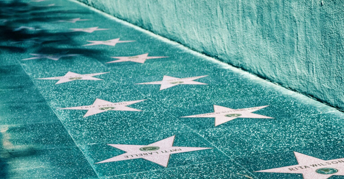 View of Hollywood Walk of Fame with stars on the sidewalk in Los Angeles, California.