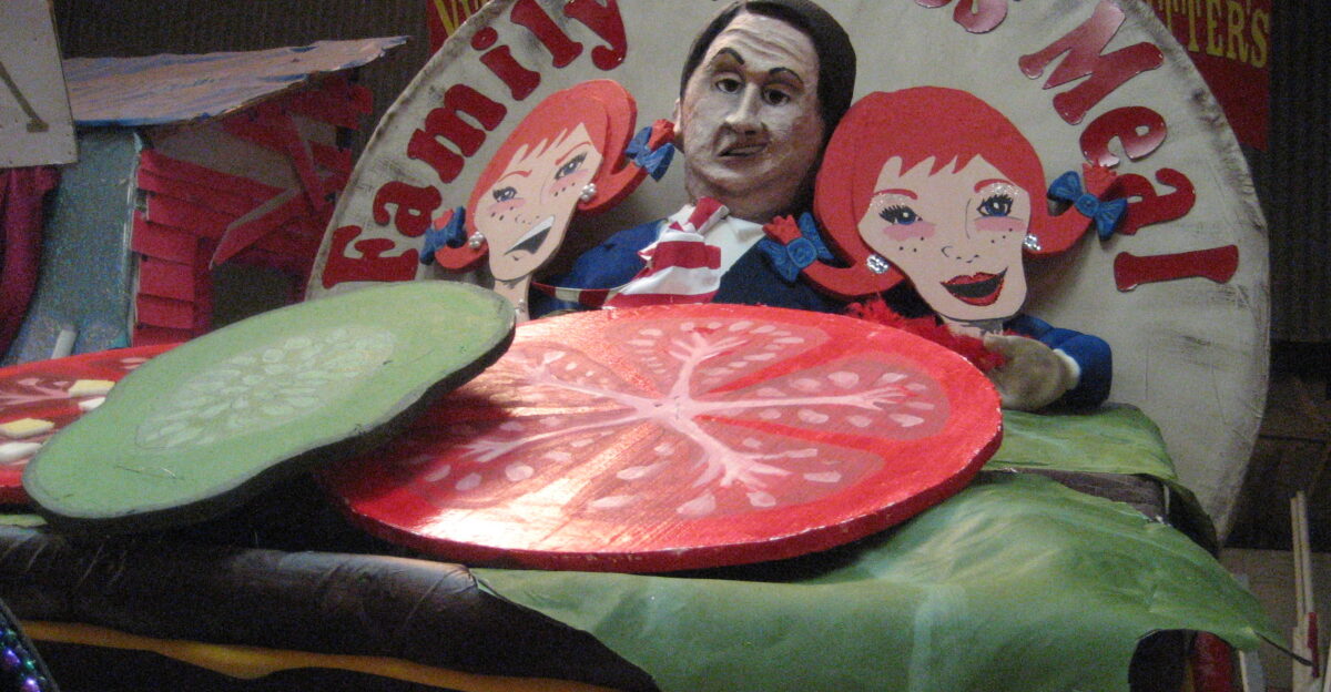 New Orleans Floats for Krewe du Vieux parade being prepared in the Krewe den Float satirizing Senator David Vitter Reference is to scandal of alleged relationship with prostitute named Wendy also the first name of Vitter s wife with pun on the Wendy s hamburger restaurant chain