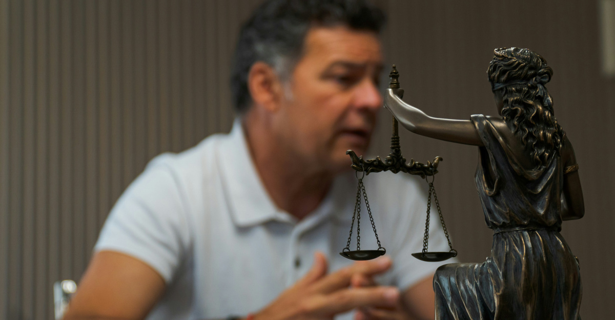 A man sitting at a table in front of a statue